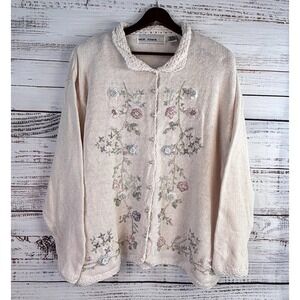 Vintage Embroidered Cardigan 2X Pink 3D Crochet Collar Cottage Romantic Feminine